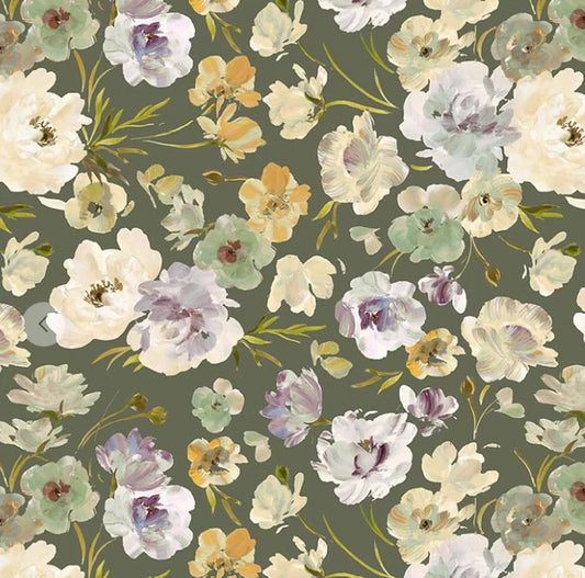 Floral pattern with white, purple, and yellow flowers on a green background