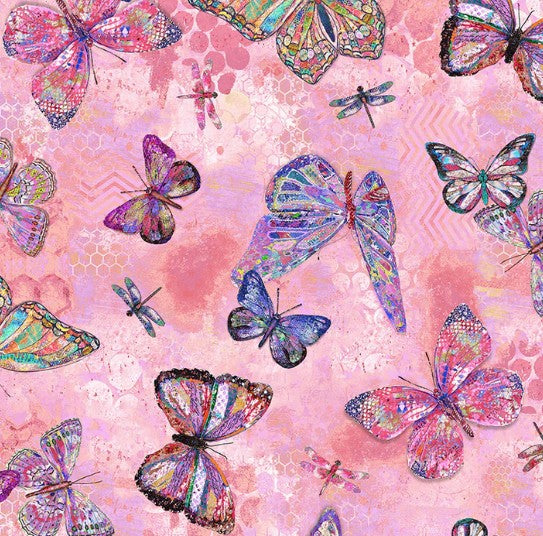 Colorful butterflies and dragonflies on a pink patterned background