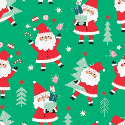 Pattern of Santa Claus characters on a green background with Christmas trees and presents.