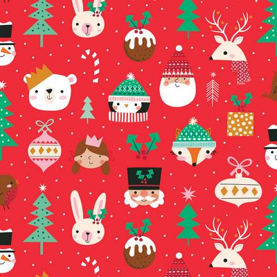 Christmas cotton fabric with winter animal characters and festive holiday details.