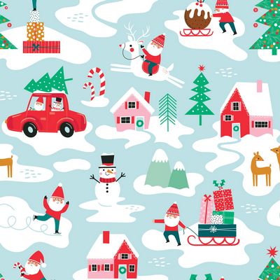 Christmas-themed pattern with Santa Claus, reindeer, and winter scenes on a light blue background.