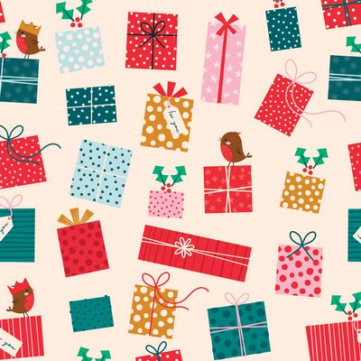 Christmas cotton fabric with festive wrapped gift packages and holiday details.