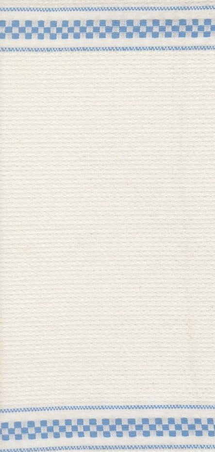 Rectangular rug with a checkered border in blue and white on a beige background