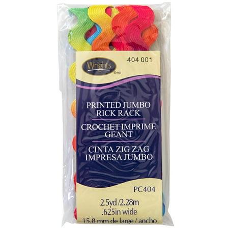 Packaged colorful printed jumbo rick rack with Wright's label on a white background